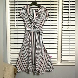 🛍️DN design multi color stripes dress with belt ties and ruffle top size 14